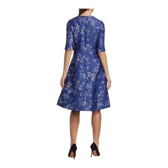 Teri Jon Blue Jacquard Floral Print Box Pleat Dress Size 2 NWT - Picture 5 of 11